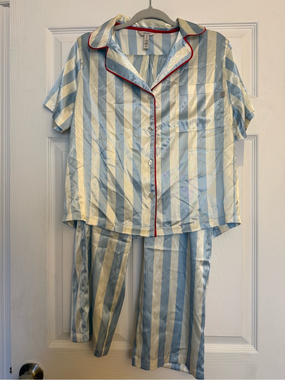 NWT Martha Stewart Light Blue and Cream Satin Striped Wide-Leg Pajama Set